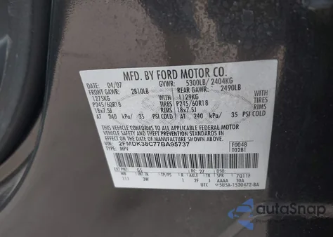 2007 Ford Edge Sel from USA, damaged, VIN 2FMDK38C77BA95737